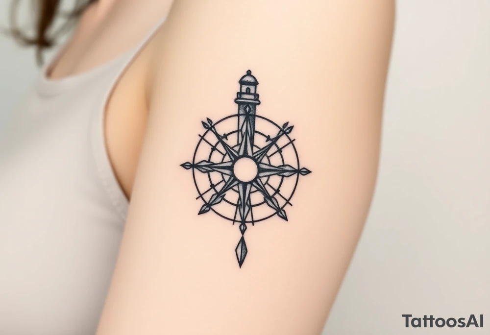 antique compass rose overlaid on light house. Add moon tattoo idea