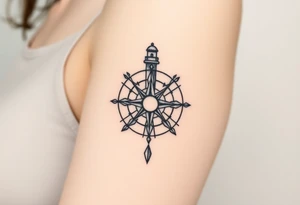 antique compass rose overlaid on light house. Add moon tattoo idea