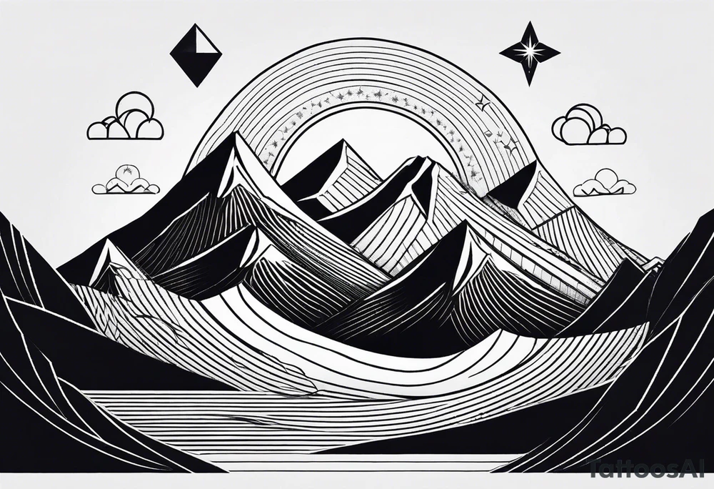 Mountain Massif, one Peak, only peak surrounded woth semi circle dashed Line, in semi circle two littel fine Stars, waves overlapping in Side, Open geometrical Forms Like Diamond with Open lines tattoo idea