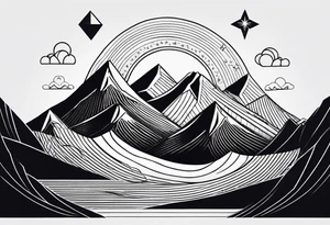 Mountain Massif, one Peak, only peak surrounded woth semi circle dashed Line, in semi circle two littel fine Stars, waves overlapping in Side, Open geometrical Forms Like Diamond with Open lines tattoo idea