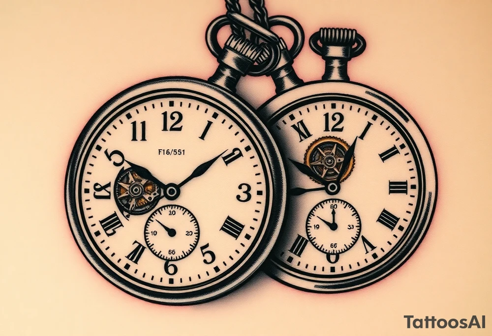 Connection to my kids. Two Daughters 
Realism focused. 
Timepiece - Pocket watch.
Two pockets watches. 1 for each of my two daughters 
Fob/ watch chains to be part of the Tattoo.
Fob/ watch chains intertwine signifying my kids to keep close and have each other's back.
Show a lot of internal mechanisms of the watch. Cogs, gears etc. 
Both my kids were born on the day 5th of month. The small hand of both pocket watches should point to the 5 on the pocket watches.  
On one pocket watch the big hand should point to 4 as the eldest born in April. 
On the other picket watch the big hand should point to 11 as the youngest born in November.
Do not put D.O.B on design. 
No animals.
No flowers.
No religious effigies like angels or prayer hands.
Focus on a mechanical look and feel. Added focus on realism. 
No broken dials. Pocket watches should be perfect.
Add detail to make design 3D.
The artwork forms part of the skin rather than being on top of it. Weave the artwork into my skin. 
My kids are what keep me going and my motivation - This is the theme on this design. tattoo idea