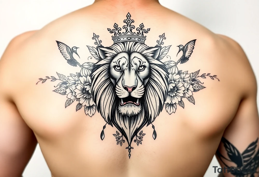 powerful majestic lion with a crown, surrounded by floral ornaments and birds tattoo idea