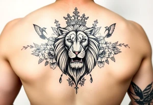 powerful majestic lion with a crown, surrounded by floral ornaments and birds tattoo idea