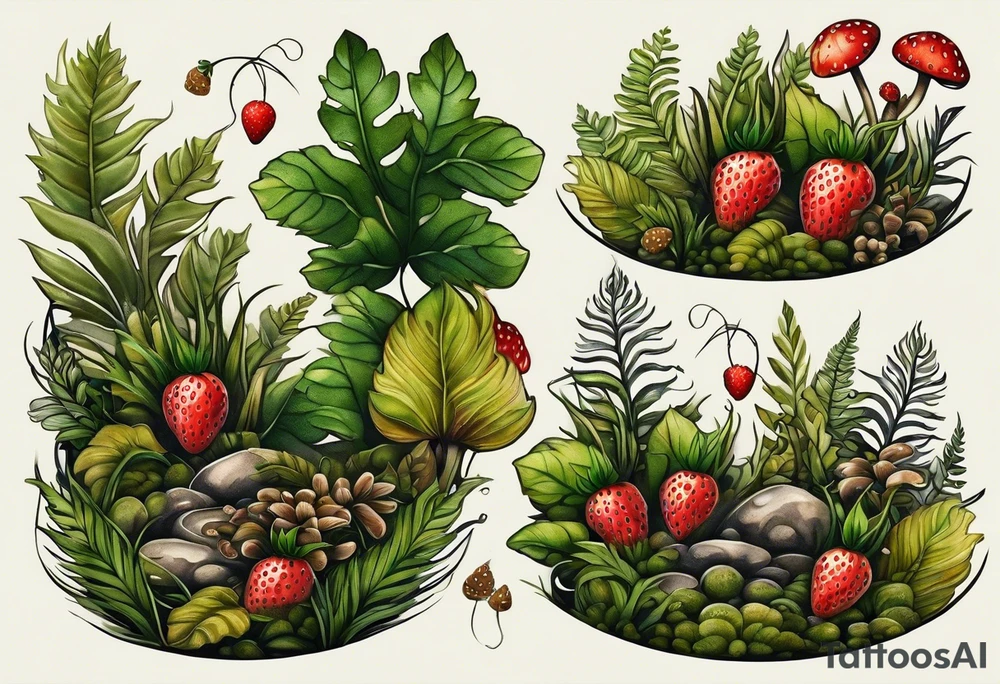 forest floor inspired realistic tattoo, which includes grass, curly ferns and dead leaves as the bulk of the tattoo. details to include: three very tiny strawberries, couple of VERY small mushrooms, a tiny bumblebee flying nearby tattoo idea