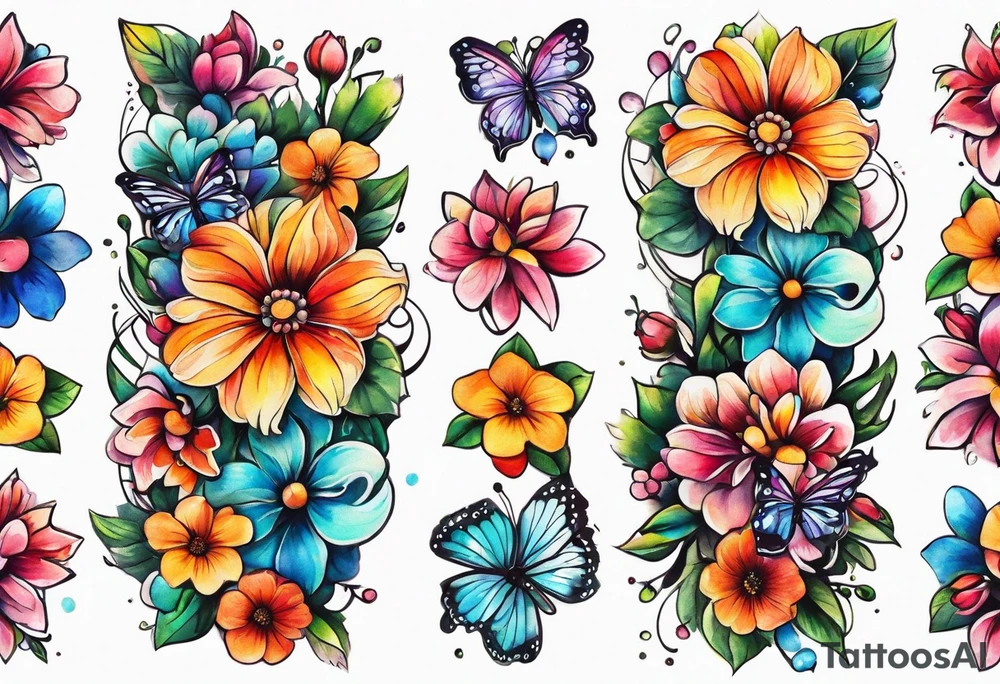 Arm sleeve with rainbow flowers and butterflies tattoo idea