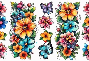 Arm sleeve with rainbow flowers and butterflies tattoo idea