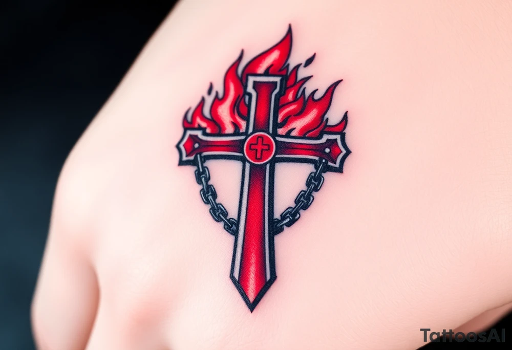 A red Maltese cross engulfed in flames, with iron chains wrapped around it, symbolizing resilience and unbreakable faith tattoo idea