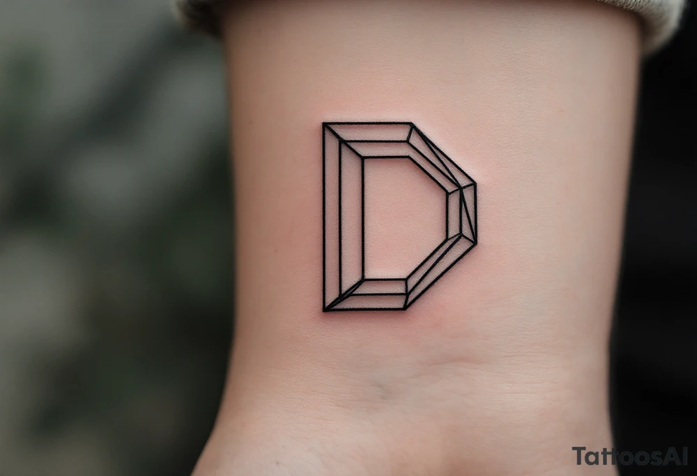 Minimalist Geometric D – A clean, thin-line letter D made from sharp black lines and accented with soft gray shadows. tattoo idea