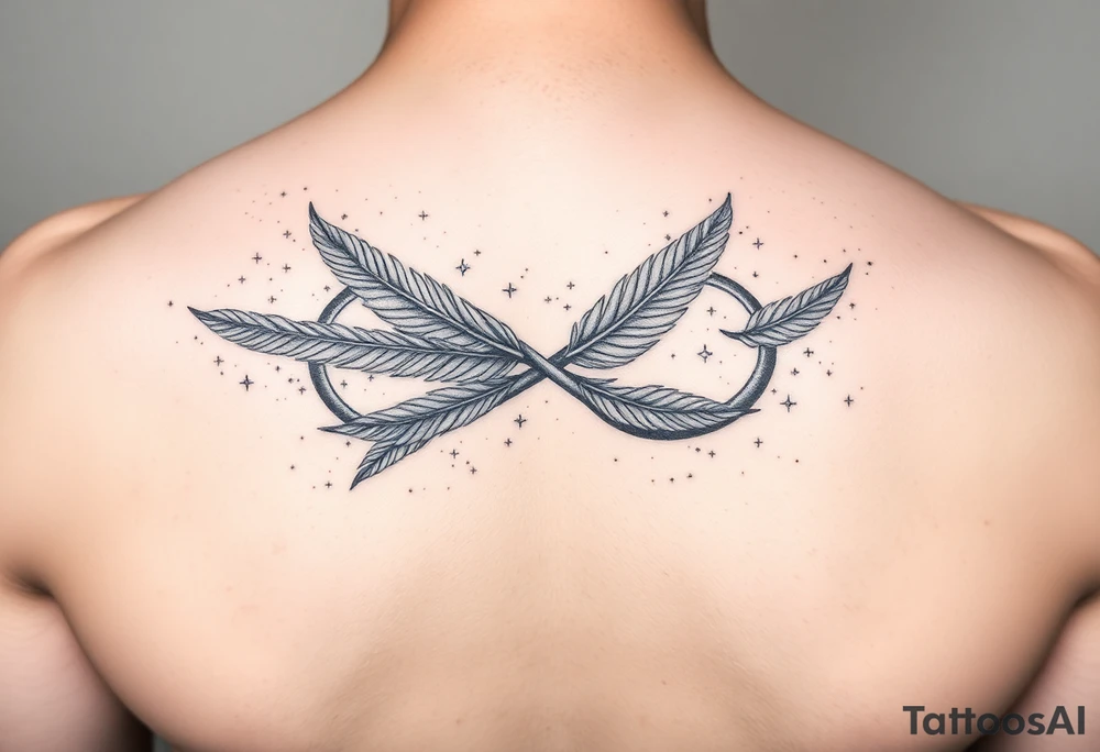 infinity symbol woven with floating feathers and stardust tattoo idea