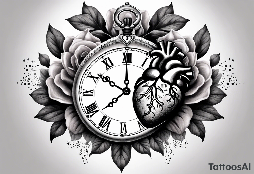 anatomical heart with clock in middle.
Clock hands on 8 and 5.
Never Say Never written on tattoo tattoo idea