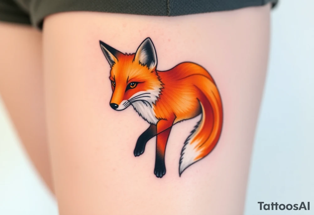 A gracefully detailed fox tattoo, with a rich, fiery orange coat transitioning into deep copper and golden highlights, symbolizing wisdom, passion, and loyalty. The fox’s chest and tail tip are a soft, snowy white, blending seamlessly into the fur’s natural texture. Its piercing amber eyes radiate intelligence and playfulness. tattoo idea