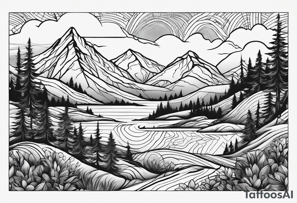 Fineline mountain scene tattoo idea