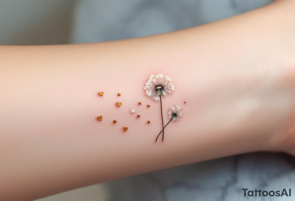 A delicate dandelion tattoo with soft white seed tufts, gently floating away in the wind, transforming into tiny golden hearts. The stem is a thin, elegant line in a subtle gradient of emerald green and soft brown, adding a natural touch. The seeds are carried by a gentle breeze, fading into a dreamy watercolor effect of pastel pink, lavender, and sky blue, symbolizing wishes, love, and new beginnings tattoo idea