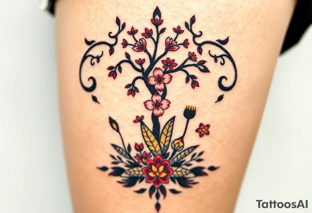 Lilly of the vally plants underneath a blooming hawthorn tree with other colorful plants on ground tattoo idea