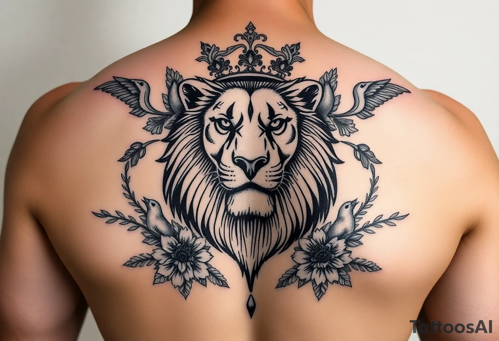 powerful majestic lion with a crown, surrounded by floral ornaments and birds tattoo idea