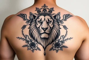 powerful majestic lion with a crown, surrounded by floral ornaments and birds tattoo idea