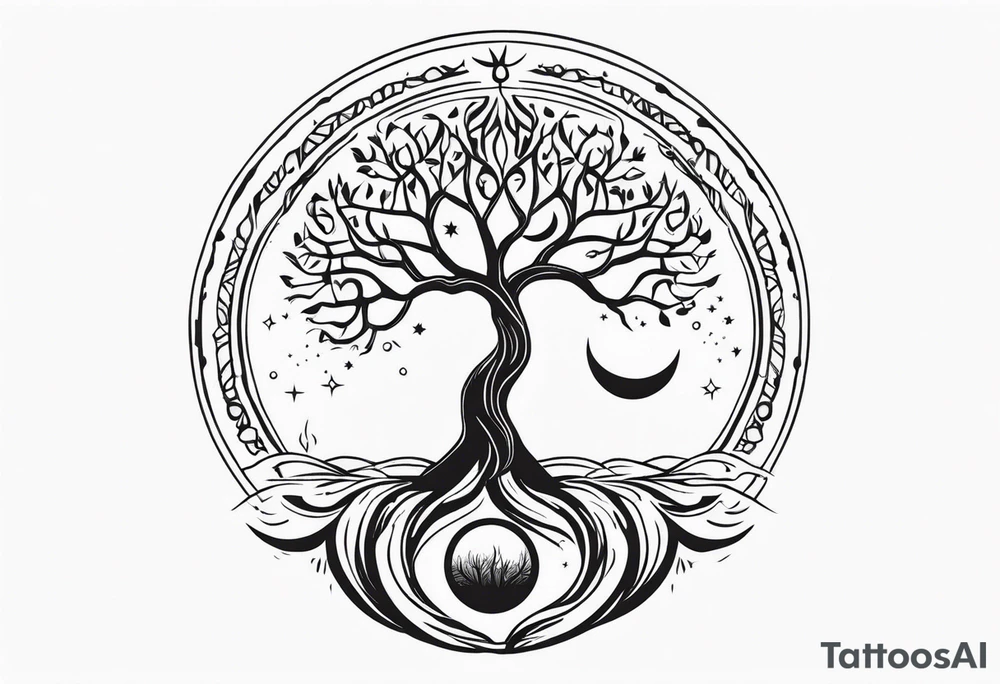 Tree of life with deep roots, the tree is holding the sun and the moon tattoo idea