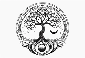 Tree of life with deep roots, the tree is holding the sun and the moon tattoo idea