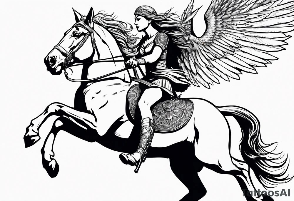 Valkyrie on winged Pegasus, flight, holding spear tattoo idea Valkyrie on winged Pegasus, flight, holding spear tattoo idea