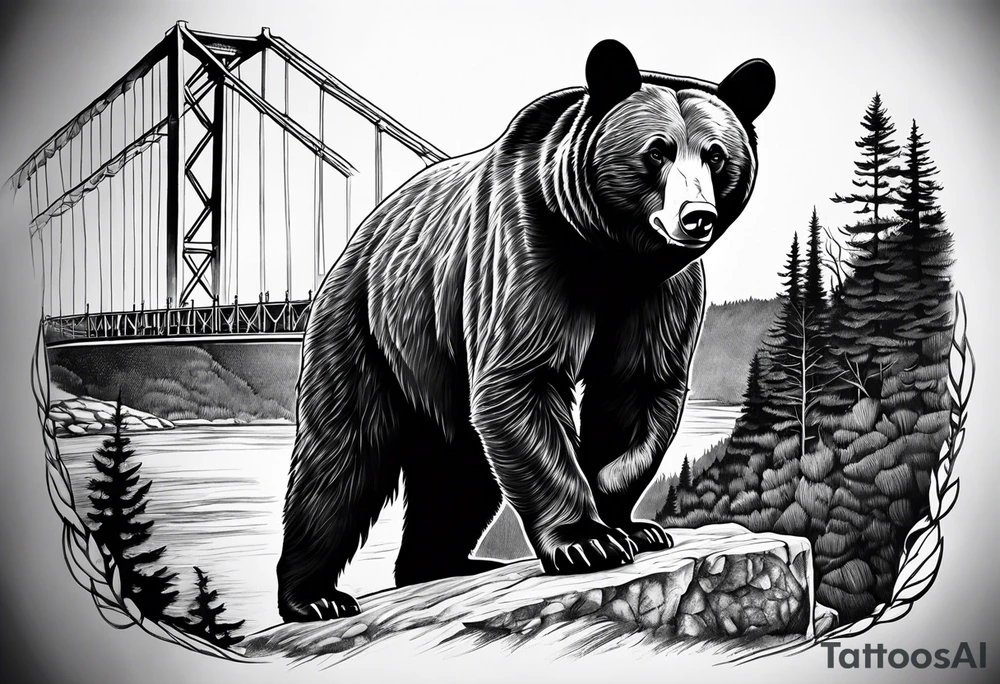 Large thigh tattoo, realism, black and white, black bear with the new river gorge bridge in the background tattoo idea