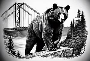 Large thigh tattoo, realism, black and white, black bear with the new river gorge bridge in the background tattoo idea