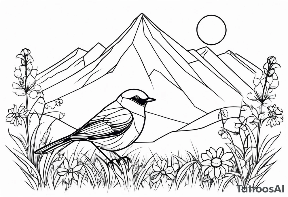 Geometric Black and white blue bird outline sitting in grass and daisys with mountains in the background tattoo idea