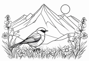 Geometric Black and white blue bird outline sitting in grass and daisys with mountains in the background tattoo idea