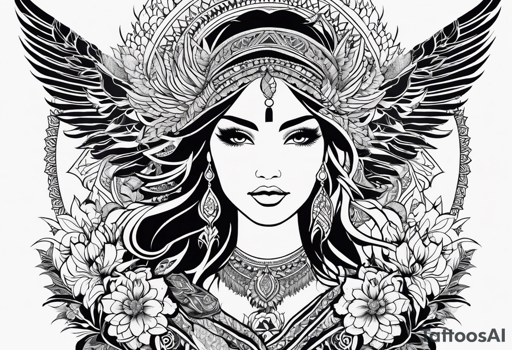 Tribal bohemian feminine impowering Phoenix rising with smoke, mandala sun, floral, lace background tattoo idea