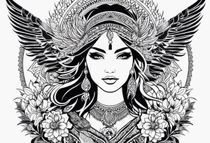 Tribal bohemian feminine impowering Phoenix rising with smoke, mandala sun, floral, lace background tattoo idea