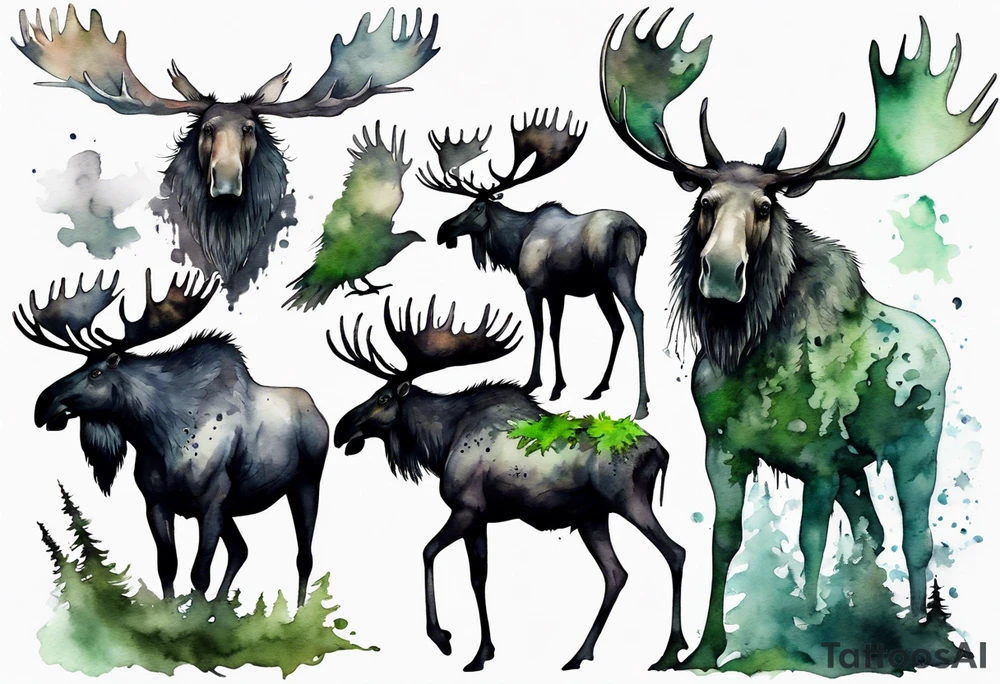 a giant moose covered in moss surrounded by ghostly ravens tattoo idea