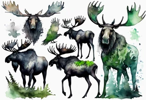a giant moose covered in moss surrounded by ghostly ravens tattoo idea