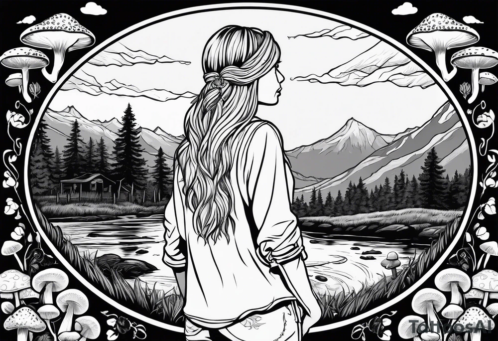 Whole picture encircled fully

Straight long blonde hair hippie girl in distance holding mushrooms in hand facing away toward mountains and creek surrounded by mushrooms long sleeve shirt and hiking pants; whole rendering within a full circle, no cut off circle tattoo idea