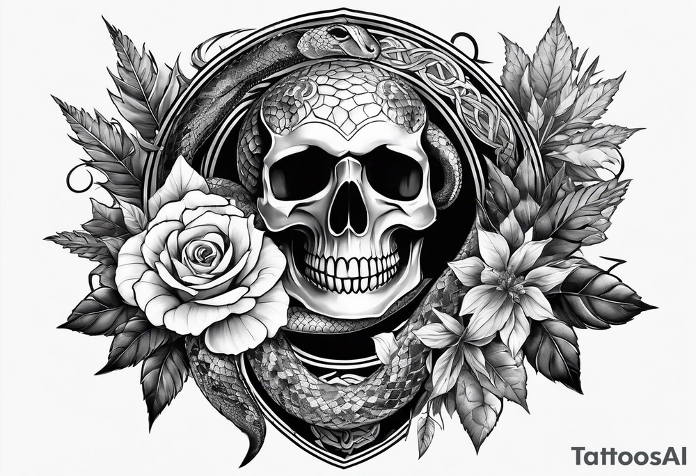 sleeve tattoo with a snake, gun, weed symbol tattoo idea
