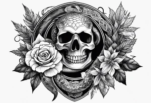 sleeve tattoo with a snake, gun, weed symbol tattoo idea