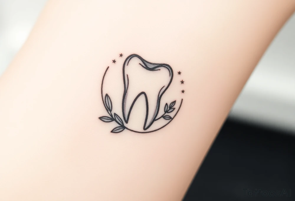 “A molar tooth outlined in fine black lines resting on a small crescent of olive leaves, soft dotted background stars for a celestial-nature fusion tattoo idea