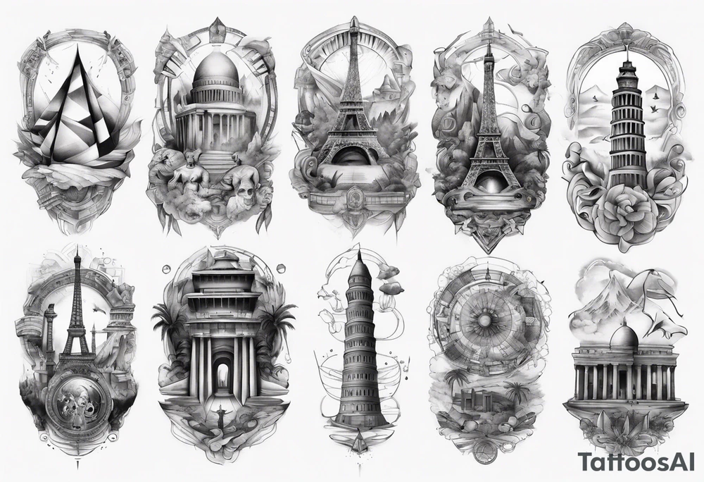 Arm sleeve of the 7 modern wonders of the world tattoo idea
