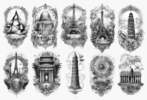 Arm sleeve of the 7 modern wonders of the world tattoo idea