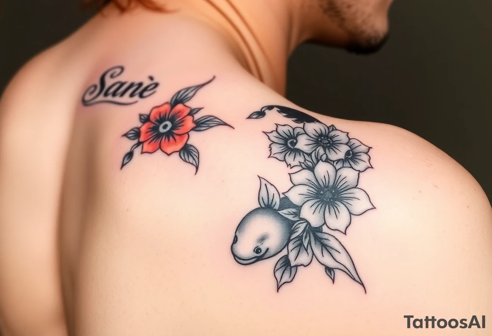 I want the tattoo starting at my collar bone, and I want it to go down my arm, but doesn’t go past my elbow. I want my middle name, Sané” on my collarbone area and I want the red and black koi fish too on my shoulder area. And I want flowers that represent healing, happiness, and peace and purity. tattoo idea