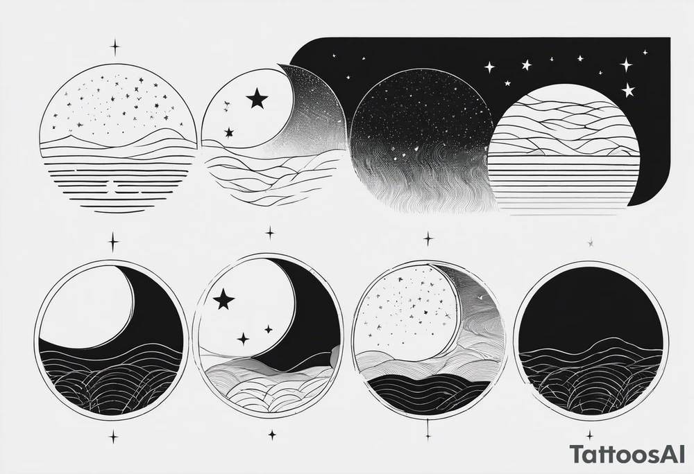 Fine line Moon phases with lines and stars vertical tattoo idea