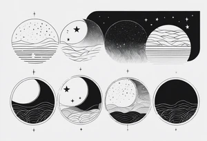 Fine line Moon phases with lines and stars vertical tattoo idea