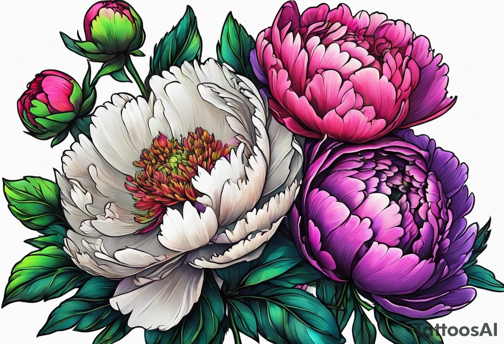 neon colorful peonies bouquet, neon colored tattoo idea