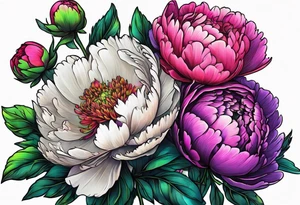 neon colorful peonies bouquet, neon colored tattoo idea