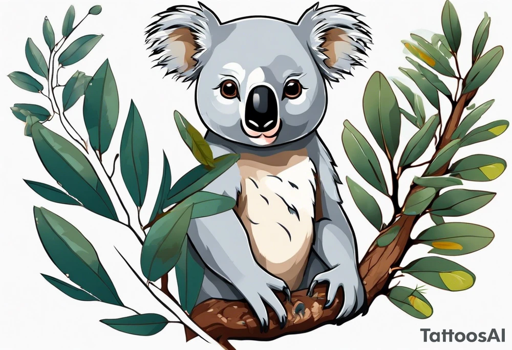 A koala with a kookaburra with eucalyptus leaves and wattle leaves tattoo idea