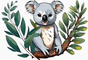 A koala with a kookaburra with eucalyptus leaves and wattle leaves tattoo idea