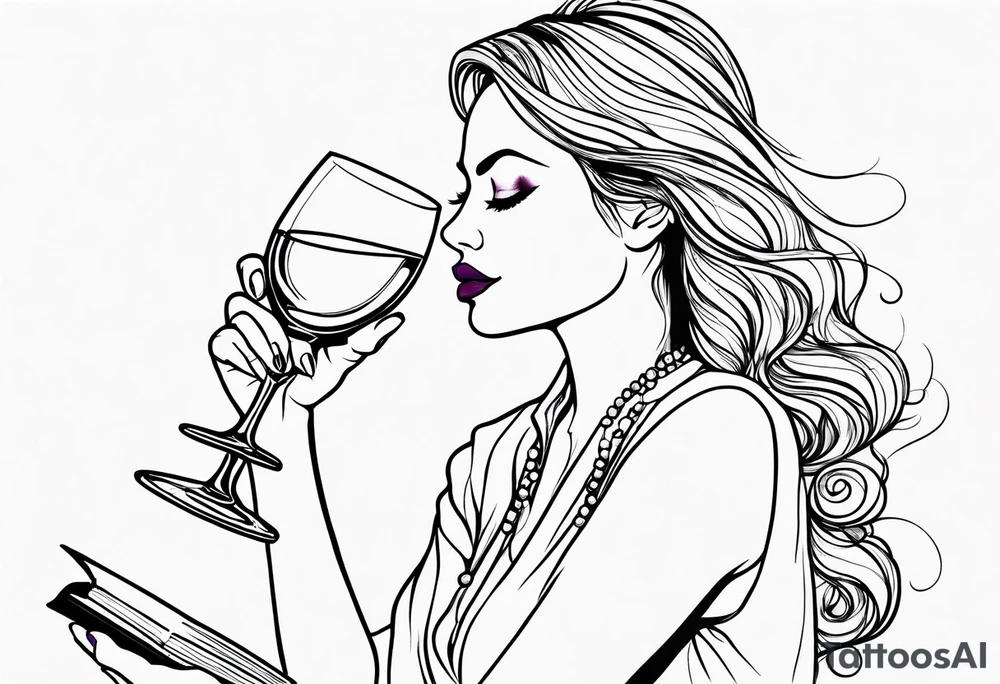 A one line drawing of a women drinking wine and reading a book tattoo idea