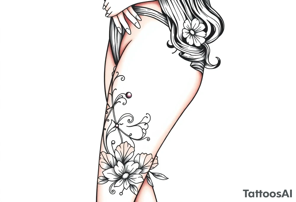 BDSM-themed art deco woman, intricate linework, thigh tattoo. tattoo idea