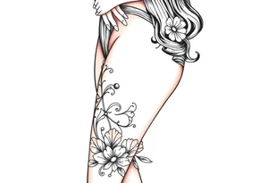 BDSM-themed art deco woman, intricate linework, thigh tattoo. tattoo idea
