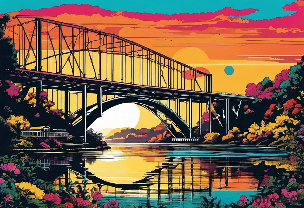 70's poster art, pop art, simple, view from under cantilever bridge tattoo idea