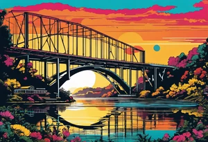 70's poster art, pop art, simple, view from under cantilever bridge tattoo idea