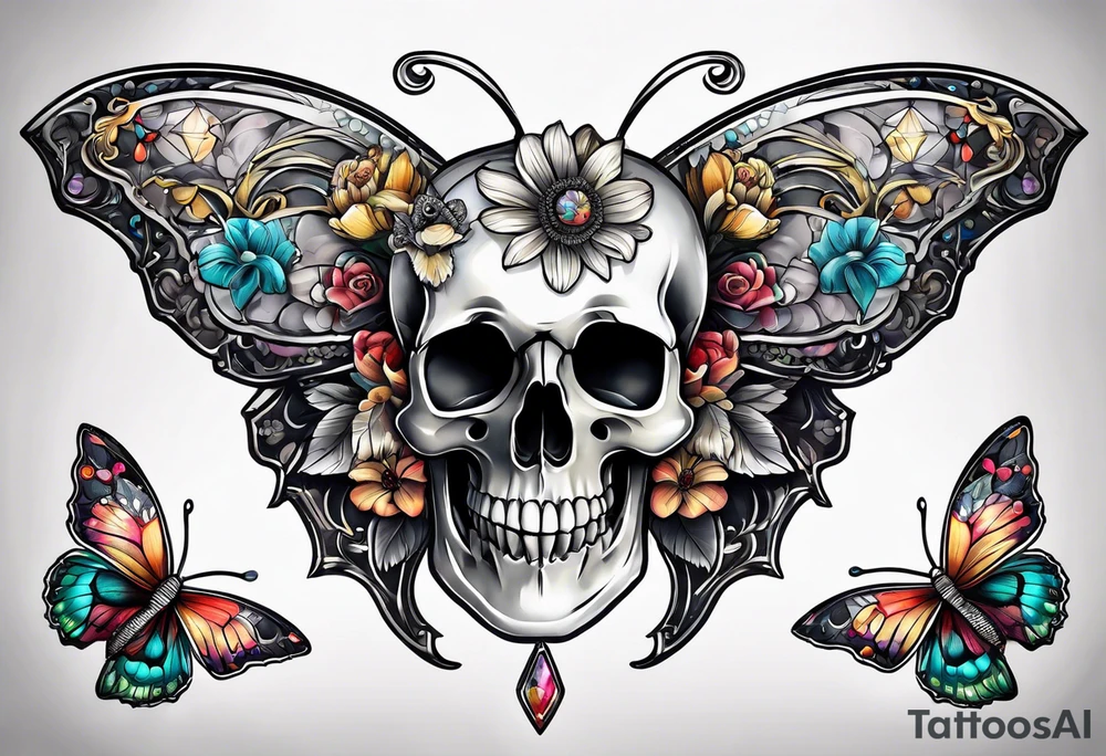 Flower chest piece, small animal skull, crystals, moth tattoo idea
